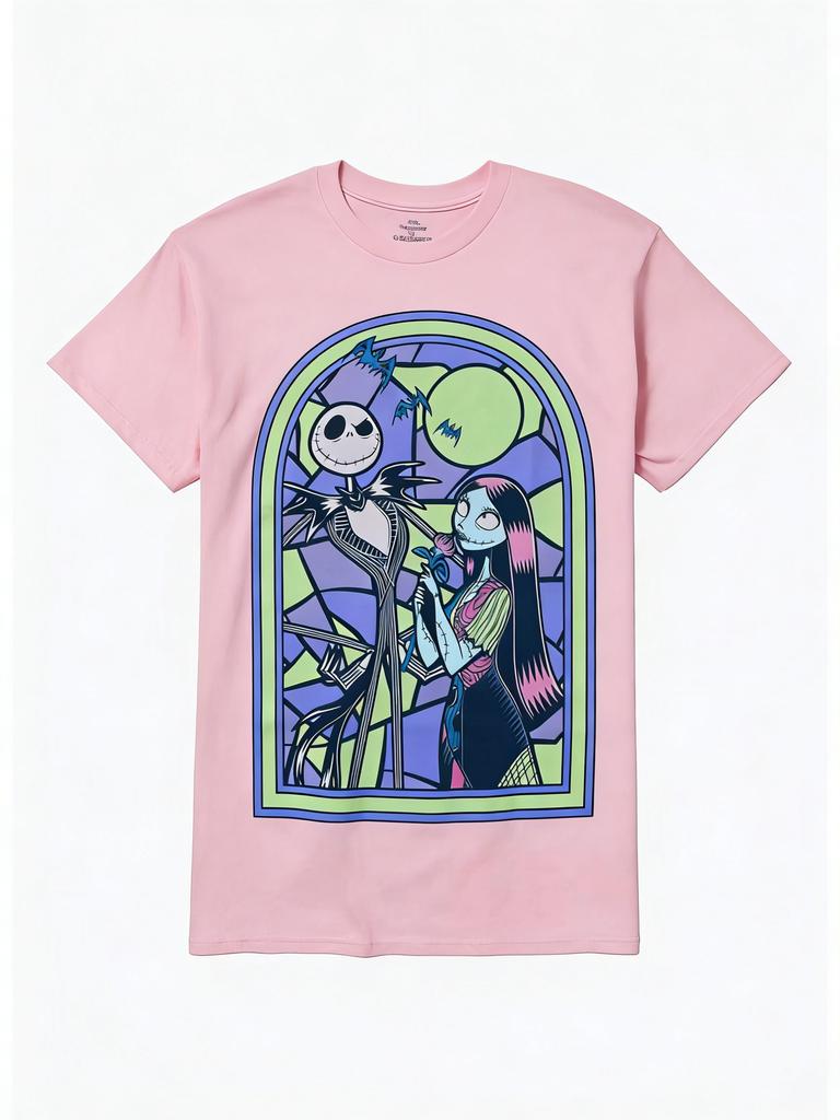 s New Nightmare Before Christmas Jack and Sally Stained Glass High Quality Print WoUnisex Short Sleeve Loose Casual TShirt