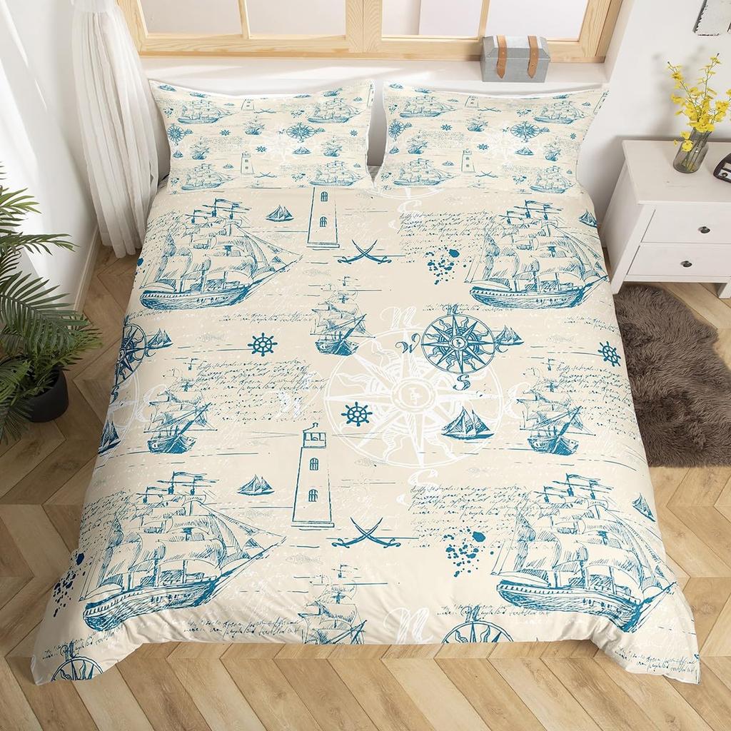 Ocean Coastal Bedding Duvet Cover Set Queen Size  Set Conch Seahorse Starfish Coral 3 Pcs For Kids Girls Boys Woman Room Decor