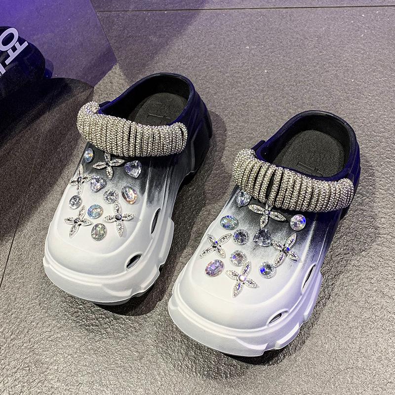 

Модные пляжные шлепанцы на толстой подошве, туфли с отверстиями на высоком каблуке, женская обувь, летние сандалии со стразами и сумкой со стразами 40/41