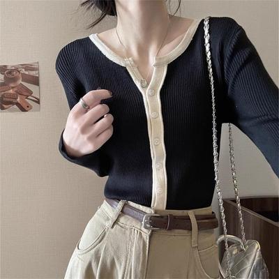 Lazy Style Contrasting Color Slim Fit Knitted Cardigan for Women In Autumn and Winter with Unique Design and Temperament Sweater Bottoming Shirt