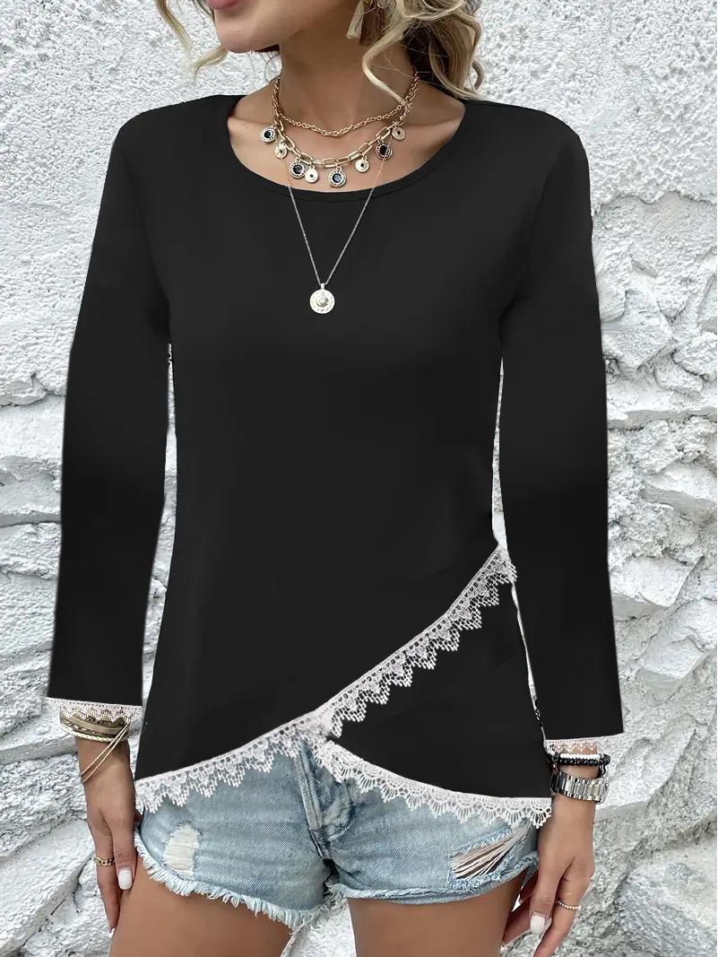 2025 European Korean-Style Lace Trim Long Sleeve Round Neck Fairy T-shirt Large чёрный