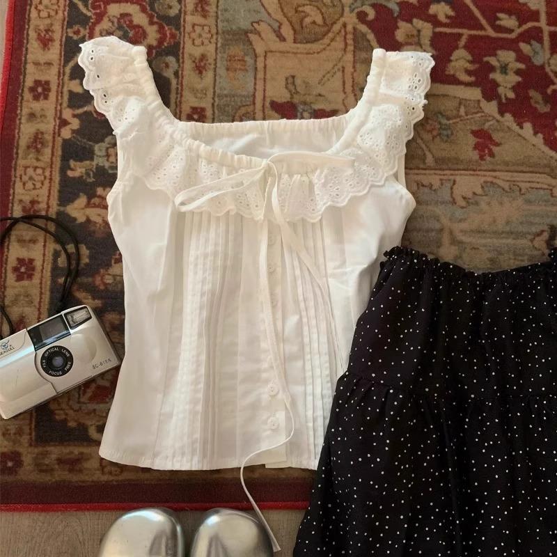 

Белая кружевная блузка-жилет без рукавов с квадратным вырезом и плиссировкой для женщин, летний новый дизайн, нишевый S белый