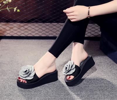 Fashion 6 Cm High Heel Women's New Slippers Female Summer Big Flower Sandals Word Slippers Female Thick Bottom Beach Drag Non-slip Shoe
