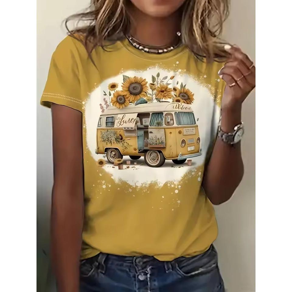 Summer Cartoon Car 3D Printed T-shirts Street Casual Fashion Short Sleeved Round Neck Women's T-shirts