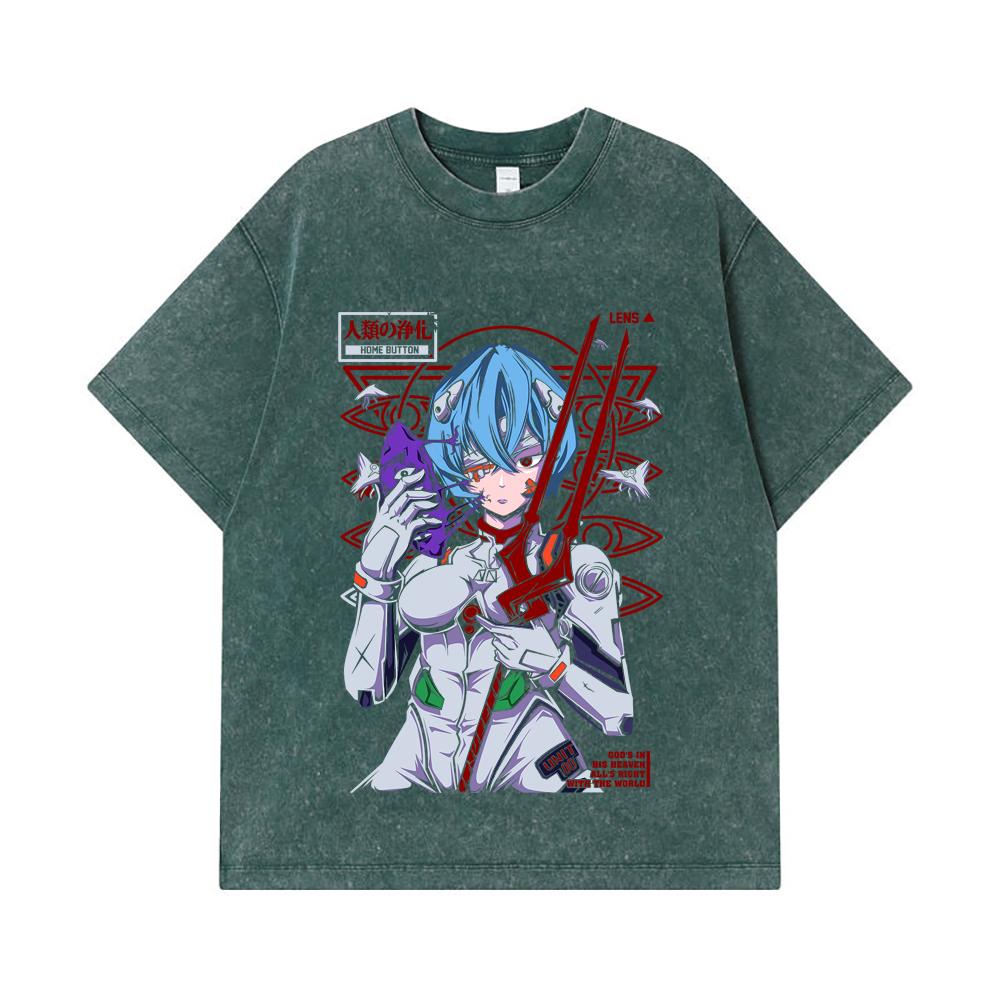 275 GSM Washed T-shirts 100% Cotton Evangelion V7 Rei Print Unisex Heavy Cotton T Shirt