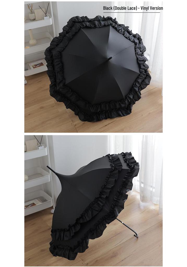Lolita Pure White & Black Pagoda Umbrella - Fresh Style, Windproof Sun & Rain Umbrella with Curved Handle, Ideal for Weddings & Ceremonies
