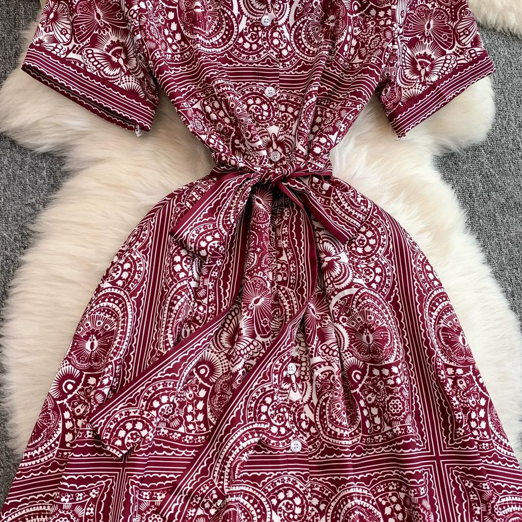 Summer Vintage Designer Print Runway Dress Women Fashion Turn-down Collar Single Breasted Party Shirt Lace-up Dresses