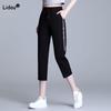 Drawstring High Waist Seven Points Pants Spring Summer Side Weaving Strips Letter Print Loose Nine Points Casual Harem Trousers