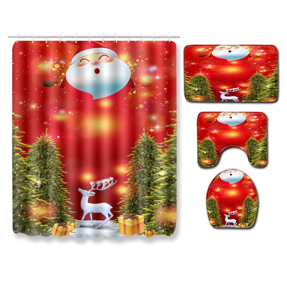 Christmas Waterproof Shower Curtain Floor Mat Four-Piece Set, Bathroom Water-Absorbing Non-Slip Door Mat, Shower Room Water-Absorbing Carpet