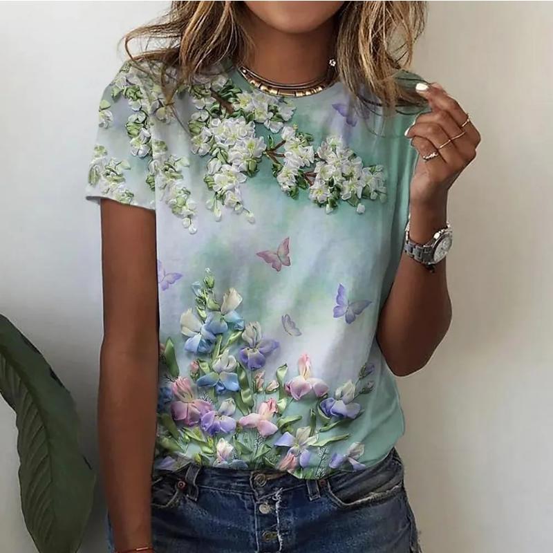 Bequemes Mode-T-Shirt für Damen mit Blumenmuster, kurzärmlig, Rundhalsausschnitt, 3D-Blumen, kurzärmelige Oberteile