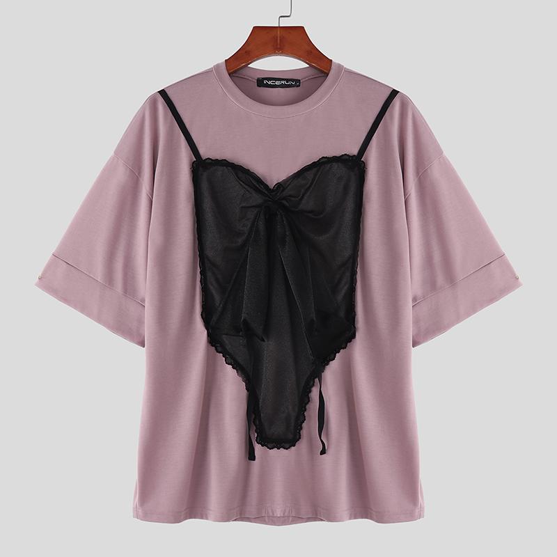 

INCERUN Мужские футболки с коротким рукавом и круглым вырезом, свободные, с кружевной вставкой, забавные S фиолетовый