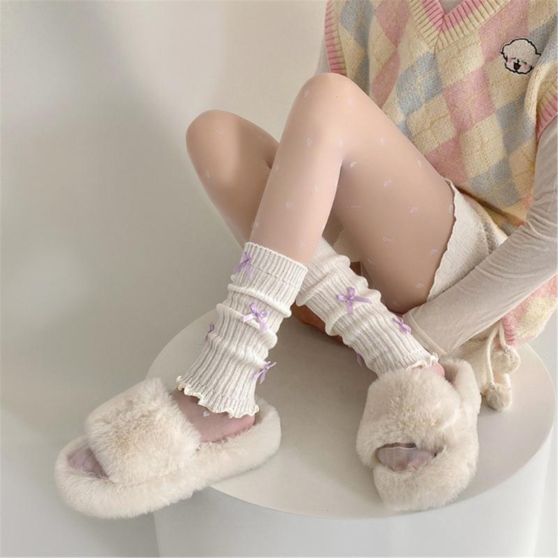 Sweet Girls Leg Warmers Women Ribbed Knit Striped Foot Cover Elegant Bowknot Ruffled Trim Boot Cuffs Footless Calf Socks