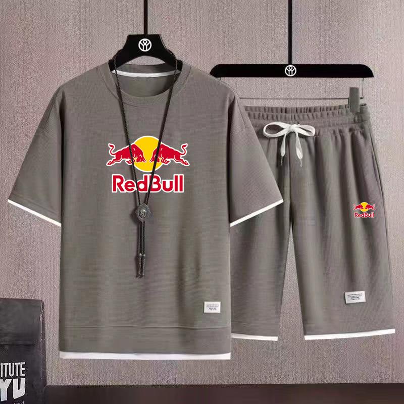 2026 Men's Summer New Style Waffle Short Sleeve Shorts Red Bull Printed Set