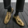 Luxury New Gold Punk Rivet Loafers New Men Pointed Metal Chain Leather Shoes Designer Formal Wedding Dress Homecoming Footwear