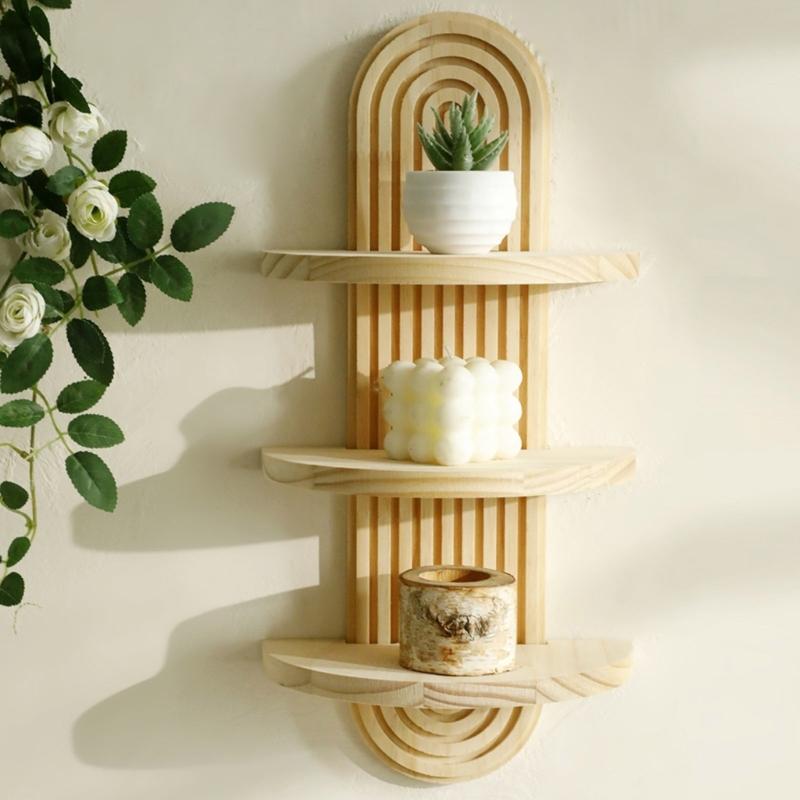 3 Layer Arched Wood Wall Mounted Planter Holder Decorative Shelf Living Room Bedroom Display Rack Hanging Organizers