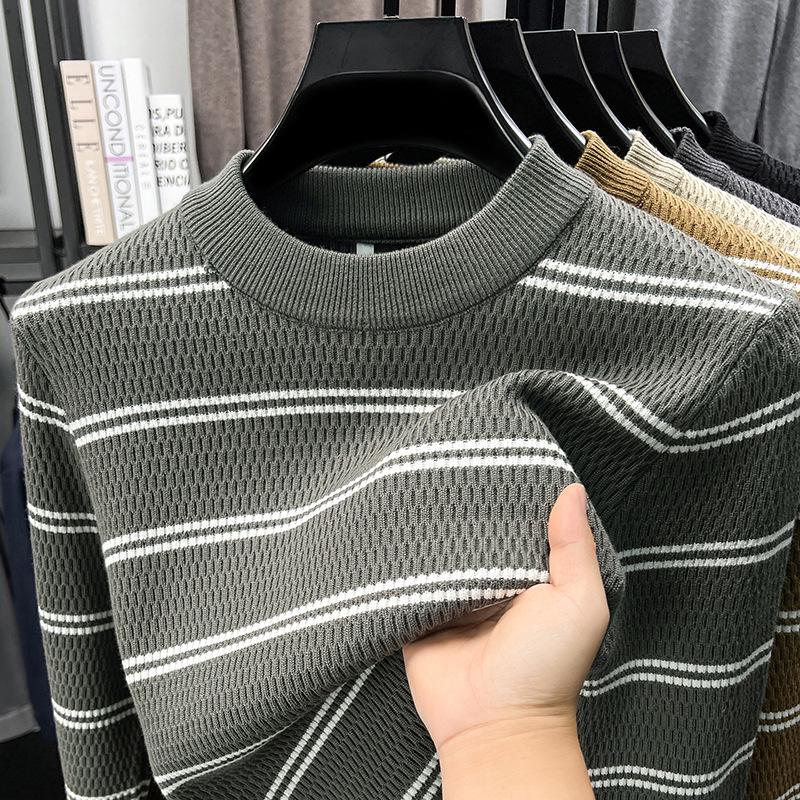 Men's Striped Knitwear: 2025 Autumn/Winter Collection - Stretchy, Thick, Versatile, Casual Round Neck Base Layer