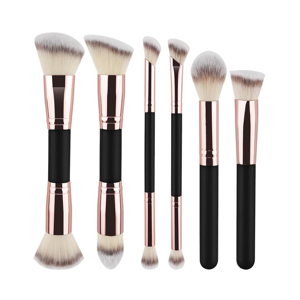 6-delat dubbelsidigt sminkborstset: Foundation-, rouge-, ögonskuggs- och konturborstar med trefärgade borststrån.