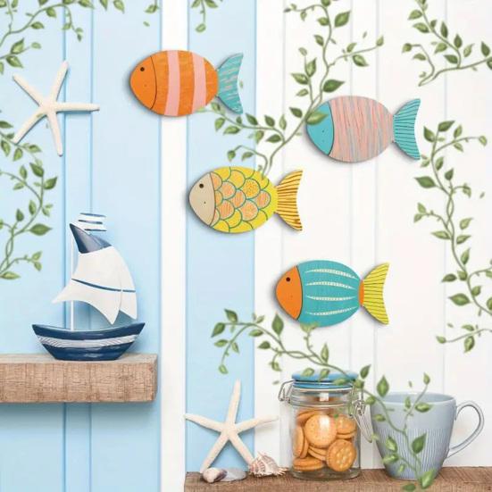 4 Pcs Wood Fish Nautical Beach Wall Decor Coastal Ocean Theme Wooden Fish Wall Art Rustic Lake House Wall Sculpture for Living Room Bedroom Bathroom