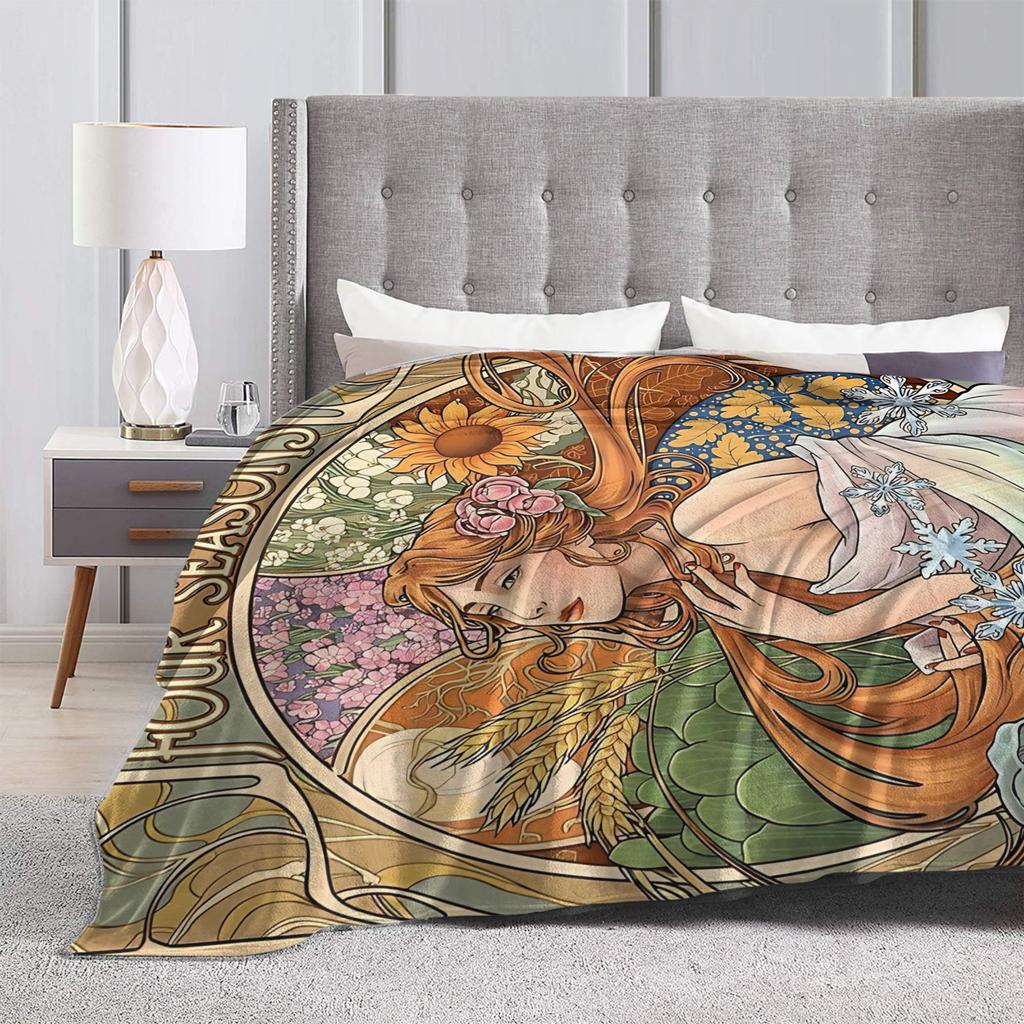 Language Of Flowers Alphonse Mucha Plush Blanket Kids Adult Flannel Throw Blanket For Couch Chair Warm Soft Design Quality