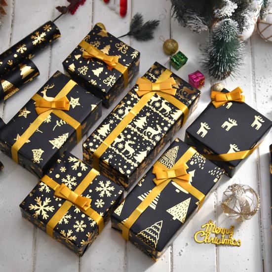 Christmas Reversible Wrapping Paper Roll Black Gold Foil Christmas Tree Snowflake Reindeer Design Gift Wrap Paper 17" X 190" Jumbo Roll for