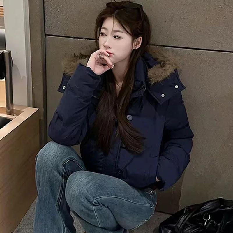 Korean Fur Collar Hooded Parkas Ladies Fashion Design Cropped Cotton Padded Winter Jacket Female Blue Casual Warm Parka Coats