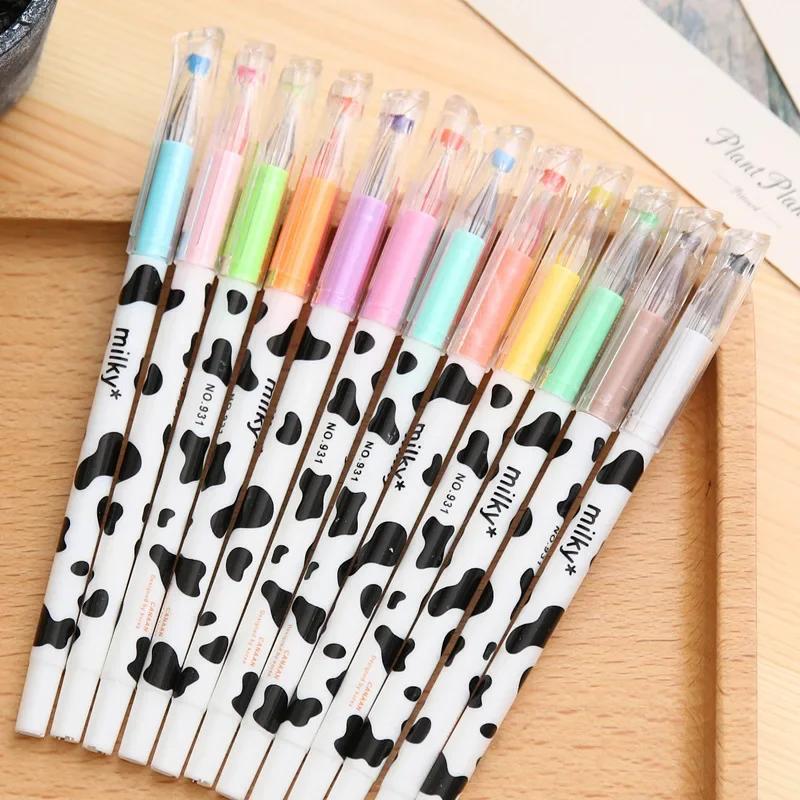 12 Pcs Random Diamond Gel Pen Creative Stationery Milky Cow Diamond Pen Gel Cartoon Stationery Student Supplies
