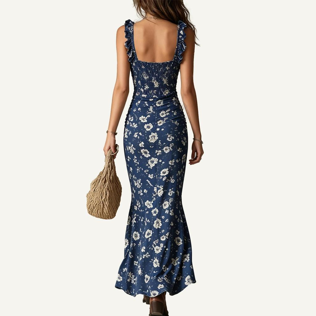 Bohemian Style Sleeveless Dress with Ruffle Straps High Slit Maxi Dress Vintage Floral Print Summer Dress for Women
