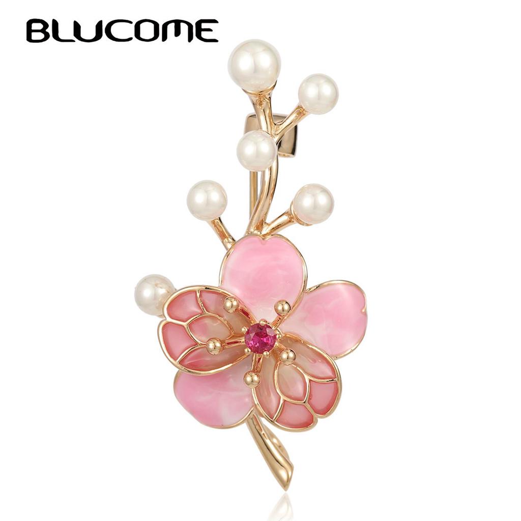 Blucome Enamel Pink Flowers Plant Brooches Simulated Rhinestone Cherry Blossoms Wedding Brooch Pins