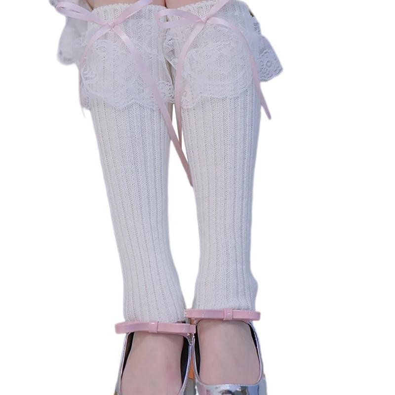 Ribbed Knit Leg Warmers Long Socks Japanese Styles Women Girls Lace Trim Ribbon Bowknot Boot Covers Leg Sleeve Stockings