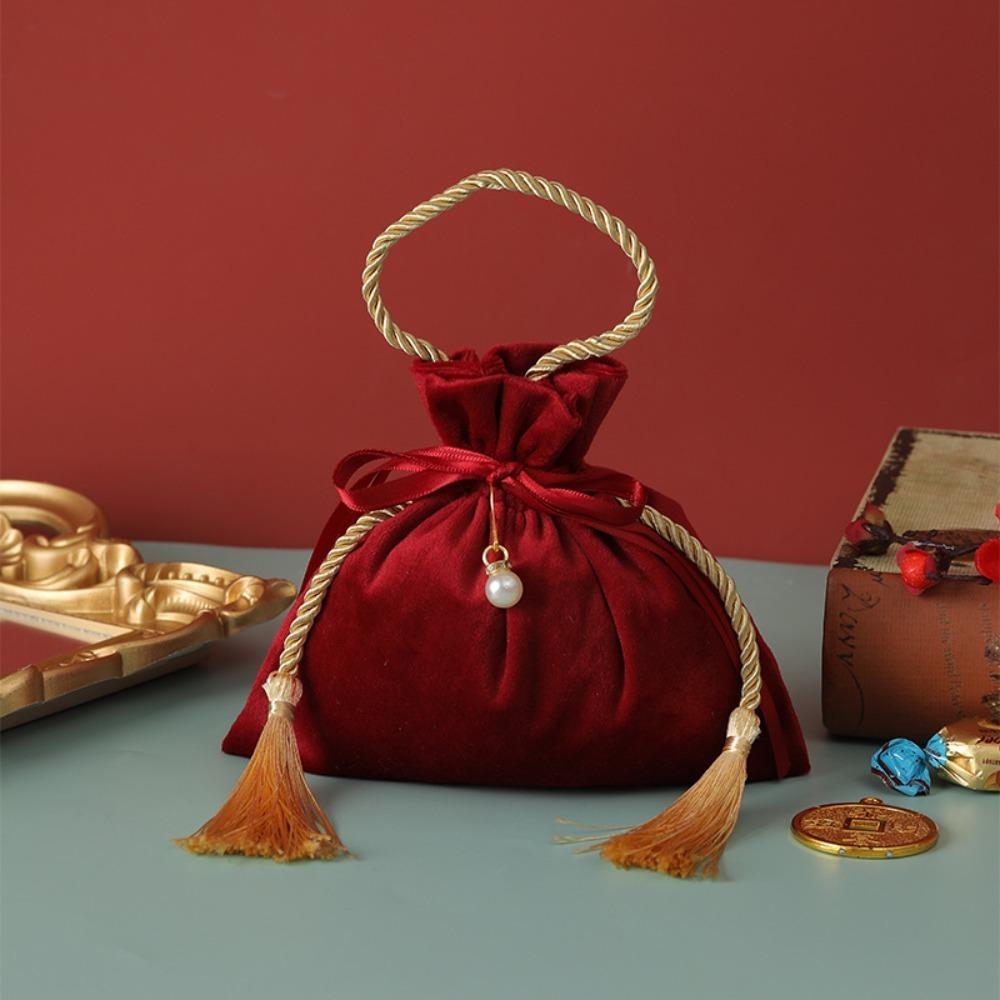 Red Wedding Candy Packaging Bags Velvet Drawstring Pouch Handbag Sweets Chocolate Packing Bag