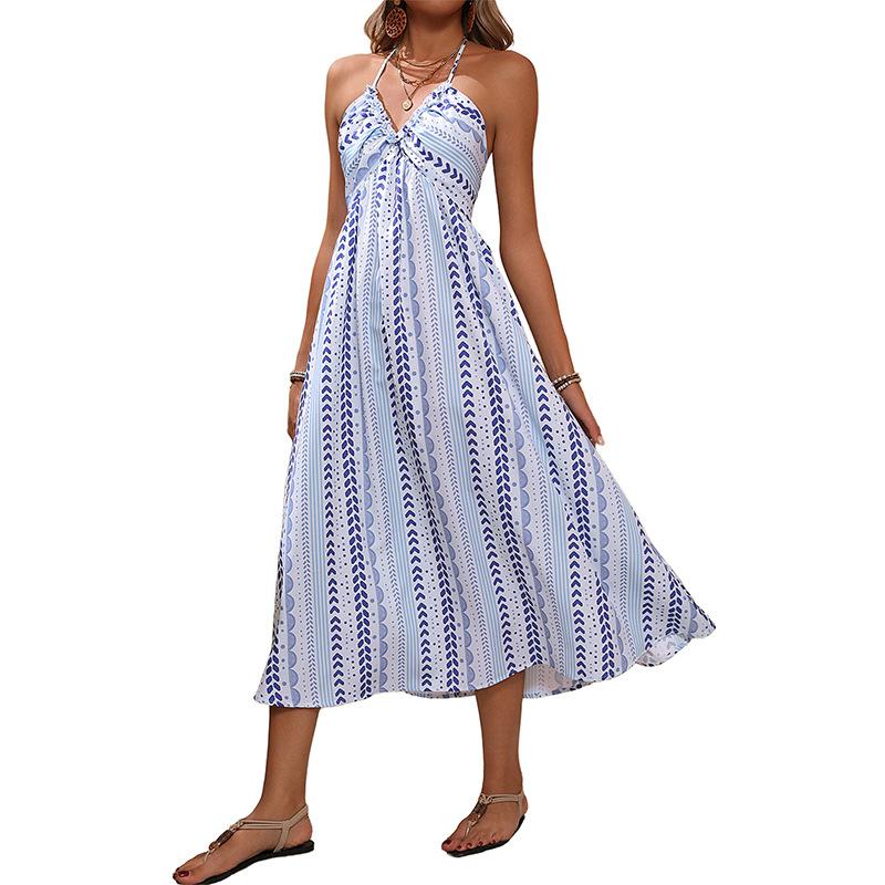 New summer neck seaside vacation geometric print dress