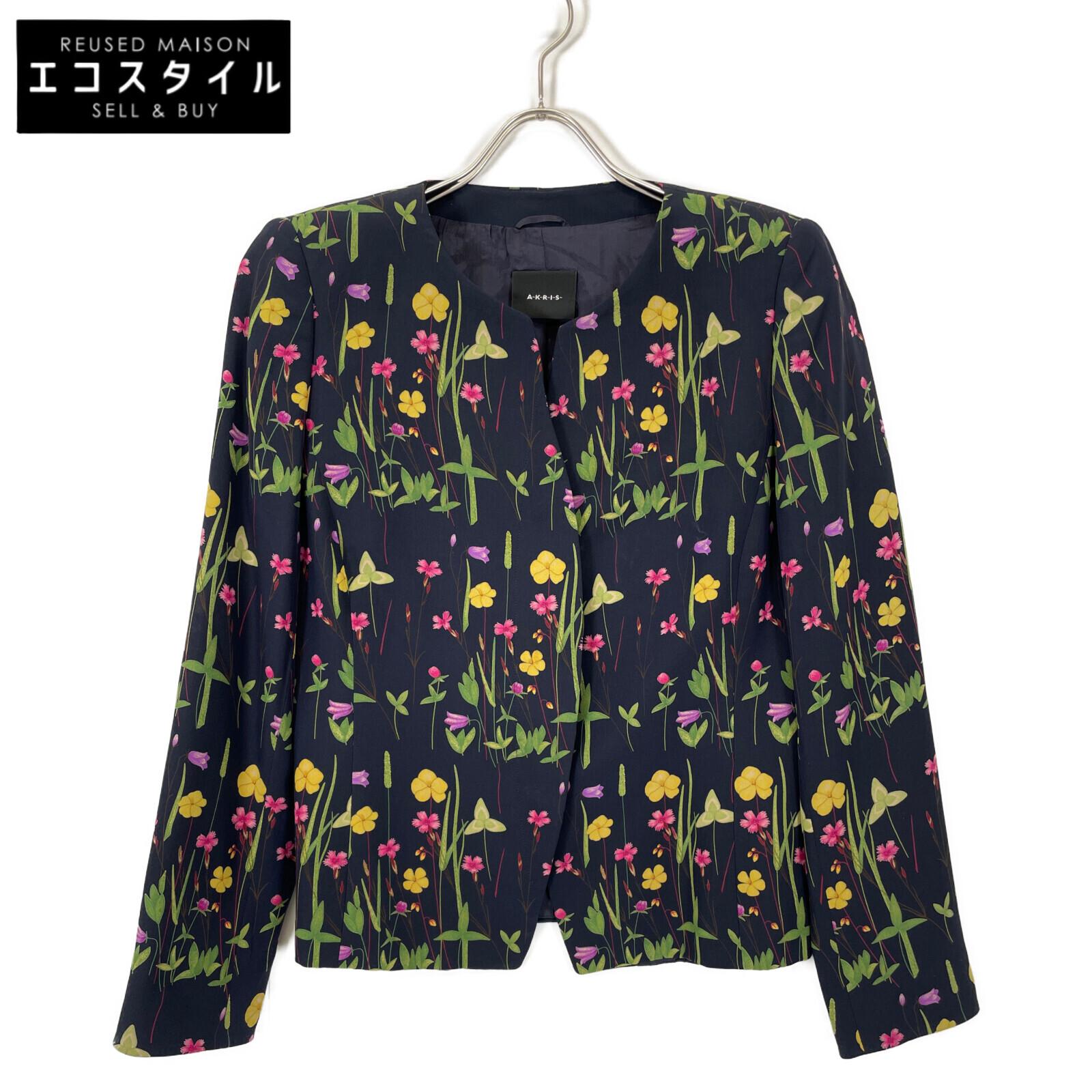 

AKRIS Navy silk flower collarless jacket Jacket 42 NavyUsed