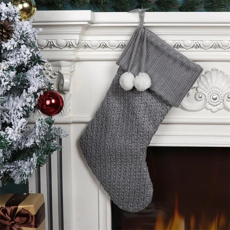 

Knitted Christmas Stockings Solid Color Xmas Gift Bag Fireplace Hanging Decoration Lovely Socks for Home Christmas Party Decor 28x54cm сірий