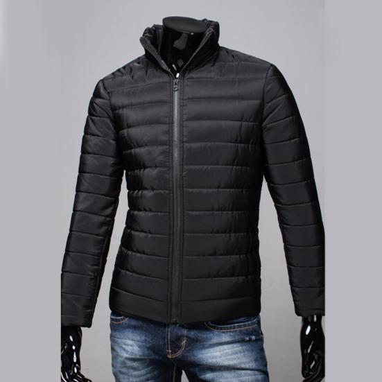 Pockets Zipper Closure Men Coat Autumn Winter Solid Color Stand Collar Puffer Jacket Outerwear