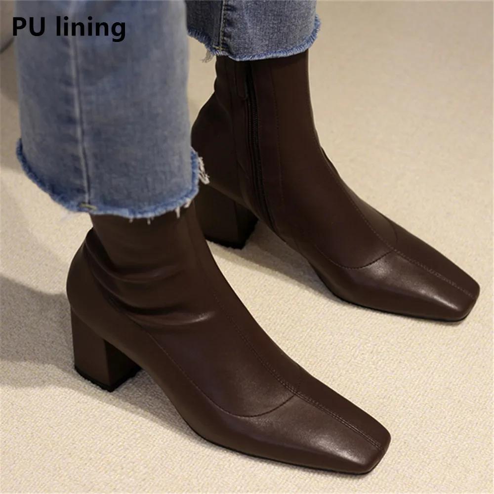 Fashion 2025 Autumn Winter Thick Heel Shoes Fashion Women Ankle Boots Sexy Square Toe Yarn Elastic Socks Boots Zip Boot Size 33-40 Black