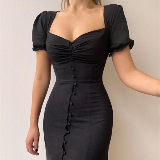 Puff Kurzarm Raffung Einreihig Schlitzsaum Damenkleid Sommer Uni