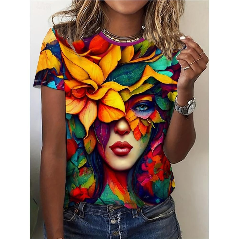 Damen Schöne T-Shirts mit Blumendruck Kurzarm T-Shirts Oberteile 3D-Drucke O-Ausschnitt Shirt Sommer Freizeit Damenbekleidung