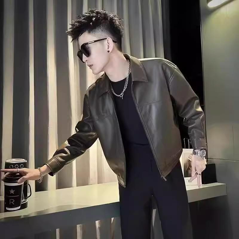 

Men s Trendy Leather Street Jacket - Stylish Short Design for Spring and Fall 2025, High-End Feel, Modern Brand Appeal L кавовий