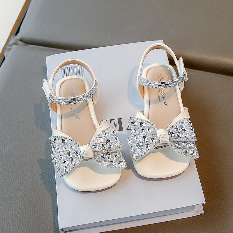 Girls Beach Shoes Open Toes Shiny Crystal Kids Sandals Non-slip Soft Sole 2025 Summer New Kids Princess Shoes Elegant Hook&loop
