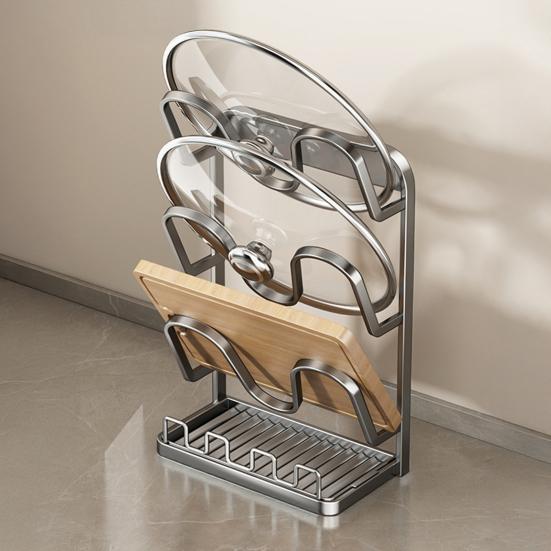 Pot Lid Storage Rack Pot Lid Holder with Spoon Rest While Cooking Carbon Steel Pan Lid Organizer with Removable Drip Tray for Kitchen Cabinets