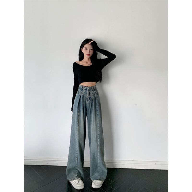 Retro High Waist Jeans for Women Spring and Autumn All-Match Small Loose-Fitting Mopping Pants Straight-Leg Wide-Leg Pants Trousers