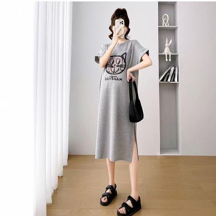 

Свободное платье-футболка для женского лета, Новое платье с коротким рукавом большого размера, Миди-длины до колена, Длинное платье 4XL серый