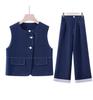 Hong Kong Retro Fashion Denim Blue Women's Set: 2025 Spring/Autumn Striped Patchwork Jacket & Wide-Leg Pants Two-Piece