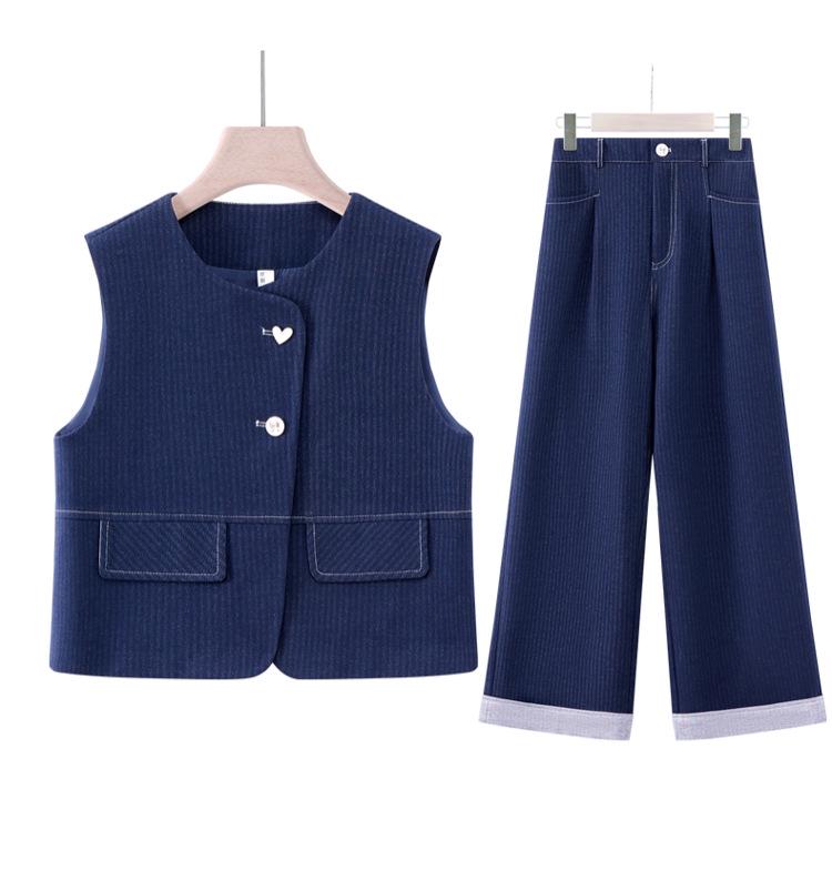 Hong Kong Retro Fashion Denim Blue Women's Set: 2025 Spring/Autumn Striped Patchwork Jacket & Wide-Leg Pants Two-Piece