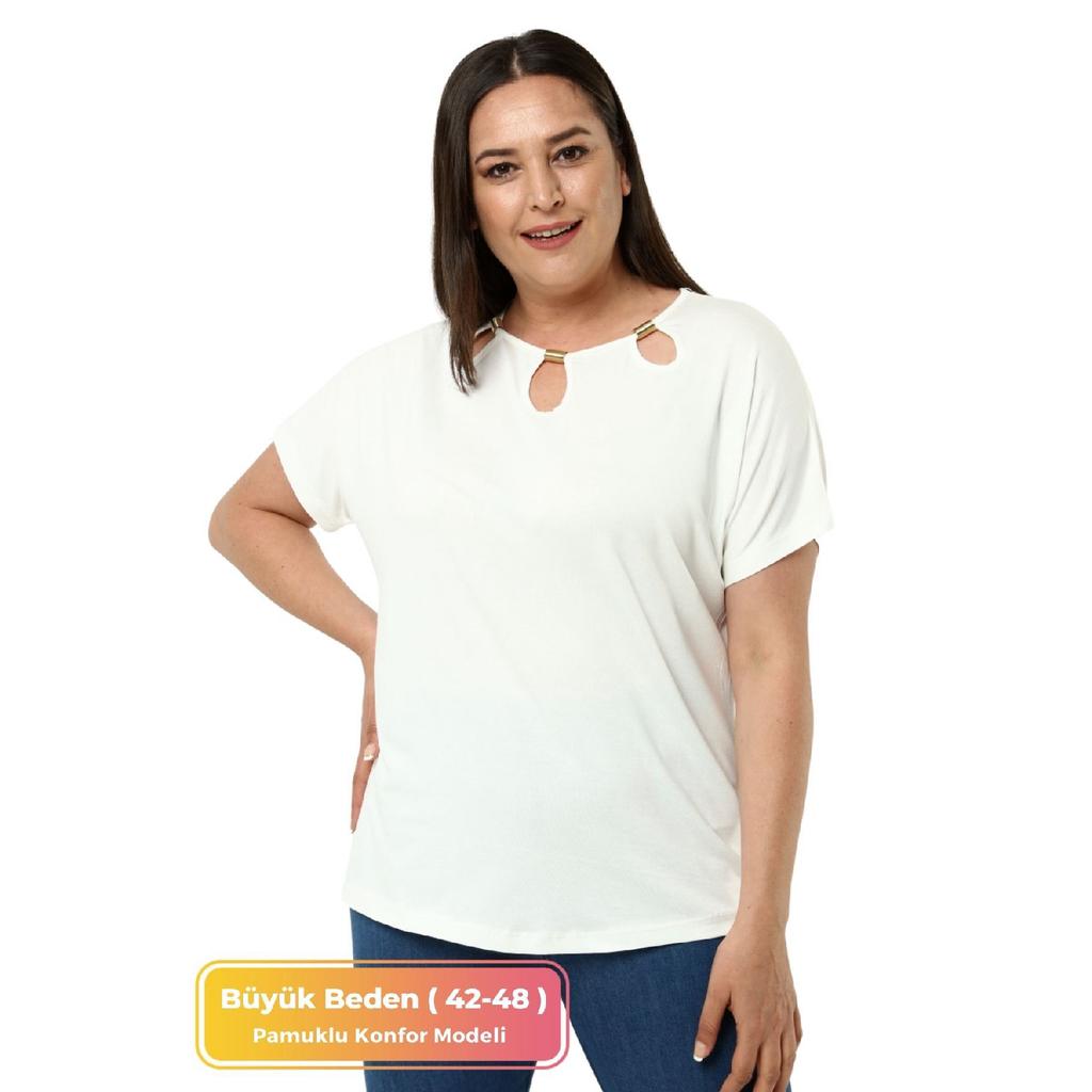 Plus Size Comfort Model Stylish Collar Detailed Cotton Curve Short Sleeve Summer Evening Dress Tunic T-shirt