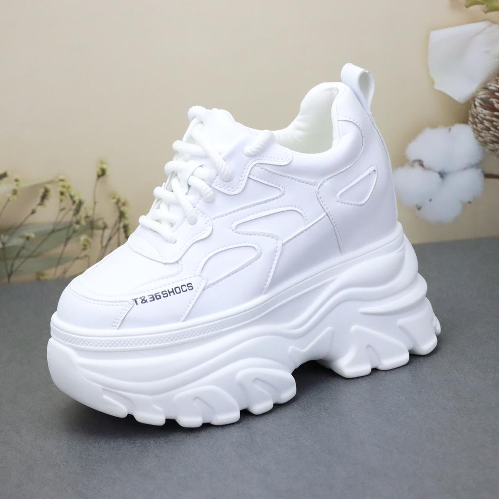 Fashion 12CM Genuine Leather Vulcanize Fashion Thick Bottom Women Chunky Sneakers Platform Wedge Causal Winter Plush Autumn Shoes