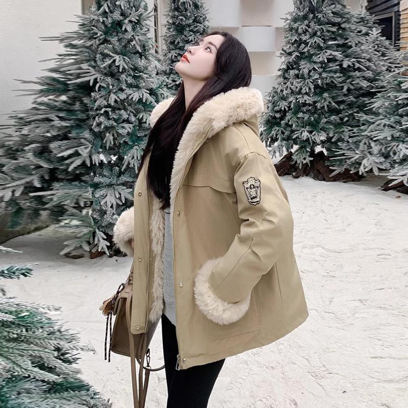 Lamb Wool Hooded Plus Velvet Jacket Winter New Down Jacket Women's Workwear Cotton Jacket