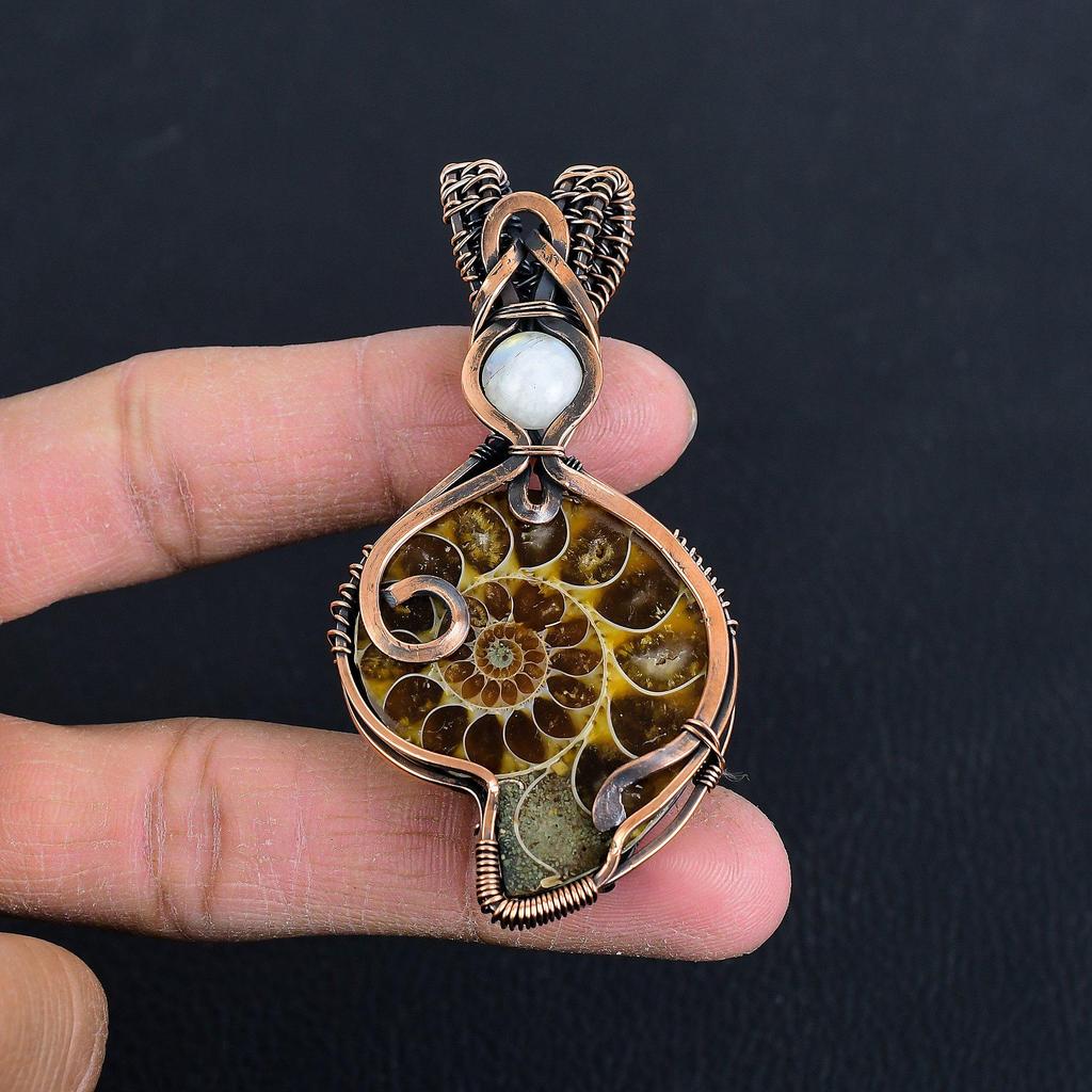Ammonite Fossil 999 Copper Wire Wrapped Pendant, Handmade Gemstone Jewelry Pendant For Memorial Day
