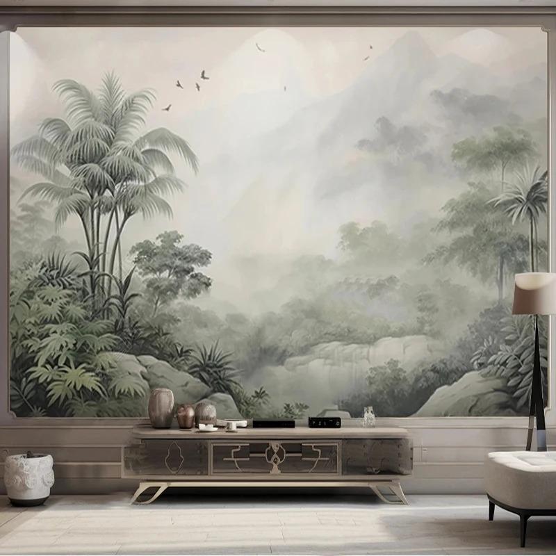 Carta da Parati Piante Verdi Tropicali Alberi di Cocco Murale 3D Carta da Parati Uccelli di Montagna Ristorante Locali Bar Murales Moderni