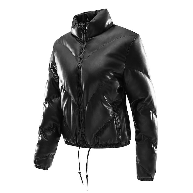 Moda feminina inverno casual fino algodão jaqueta gola de pele sintética e capuz casaco quente com capuz couro pu zíper